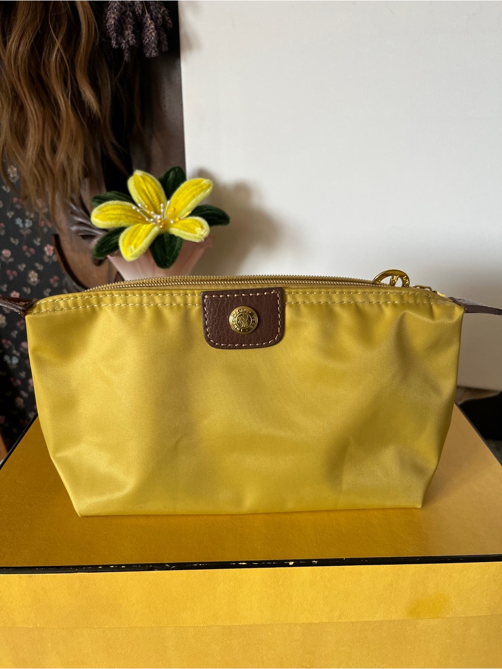 Longchamp Yellow Nylon Cosmetic Pouch - Casual Travel Makeup Bag